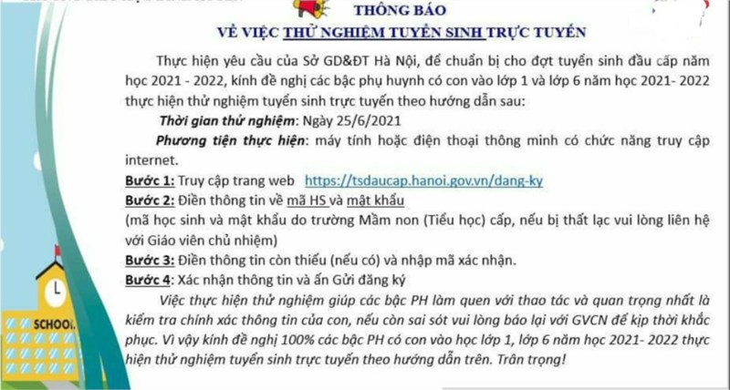 Trường tiểu học Kiêu Kỵ Thông báo về việc thử nghiệm tuyển sinh trực tuyến